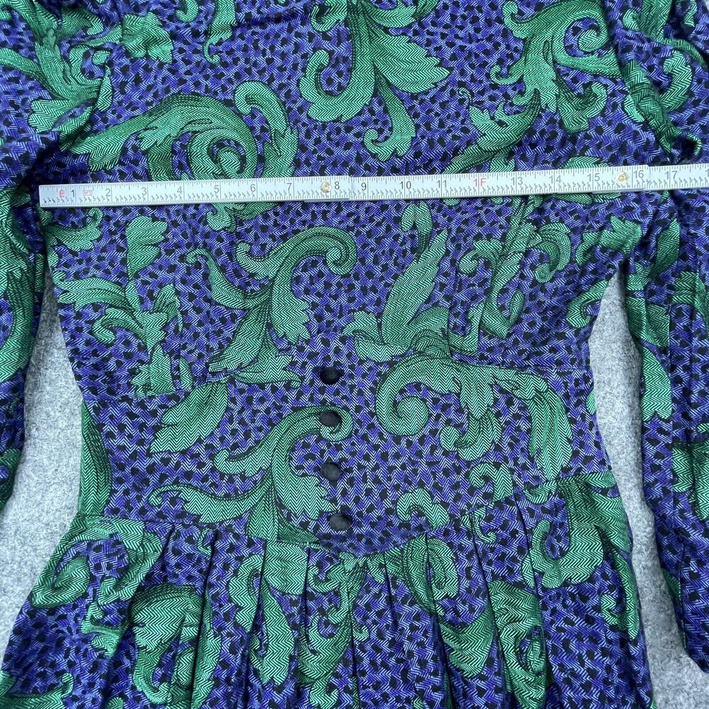 Vintage Jessica Howard Petite Dress 6 Blue Green 80s Secretary Scroll Wasp Waist - Picture 7 of 7